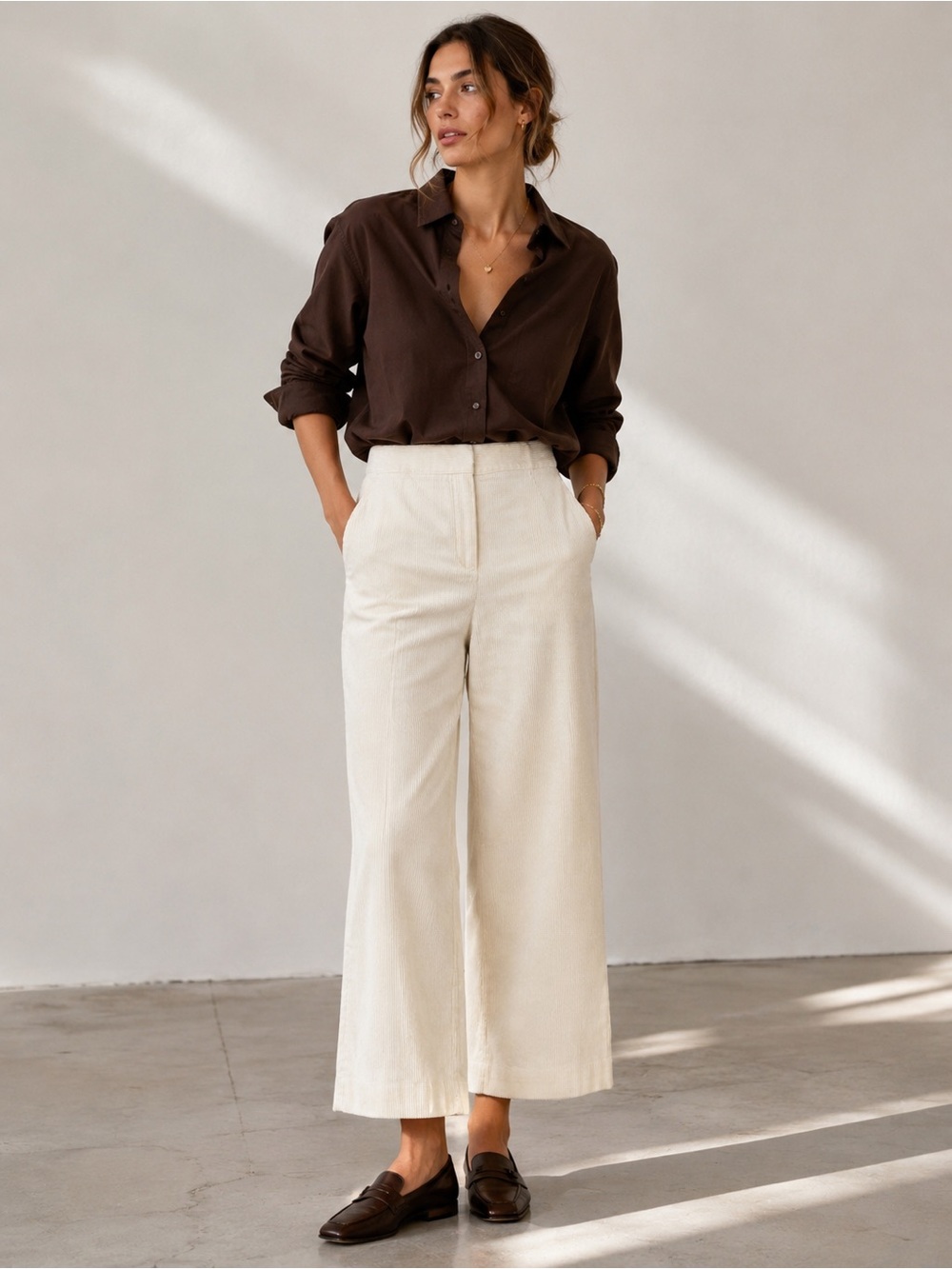 Massimo Dutti Ivory Corduroy Wide Leg Pants | Trouser Cream